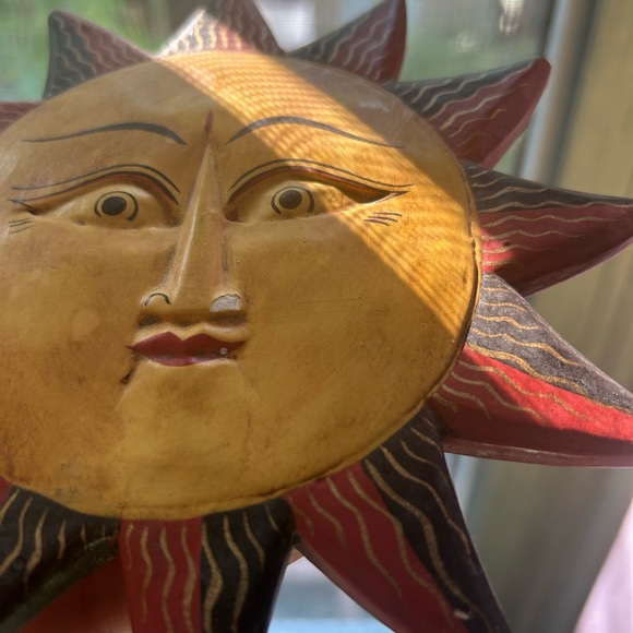 Vtg Wooden Hand Painted Sun Moon Face Hanging Ornament Christmas Indonesia 7” - Picture 16 of 16